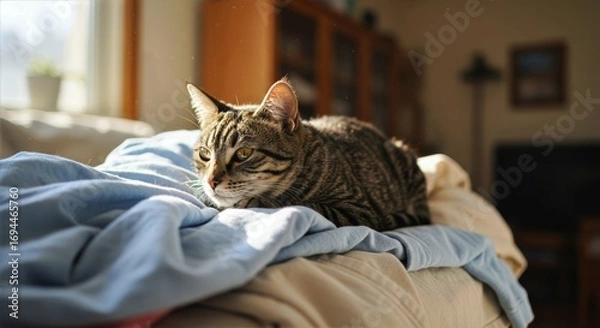 Obraz Tabby cat resting atop a soft pile of clean laundry, basking in warm sunlight that highlights its striped fur and creates a peaceful, homely atmosphere