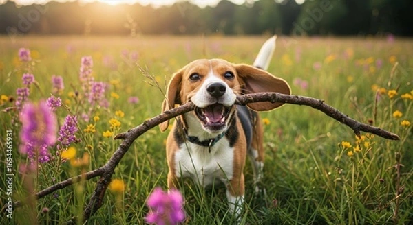 Obraz Dog chewing on stick in field of wildflowers at golden sunset, ears flapping in motion for a joyful, playful outdoor moment