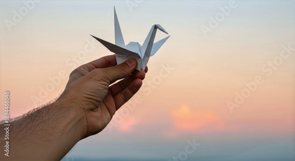 Obraz Hand holding origami crane against a pastel sky, delicate folds and soft light capturing serenity, craftsmanship, and the quiet beauty of mindful creation