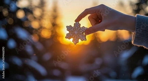 Obraz Hand holding snowflake cookie with intricate white icing against a golden winter sunset, evergreen trees silhouetted for a cozy, festive scene