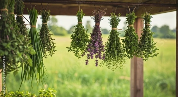 Obraz Herbs hanging to dry in a rustic shed, tied in neat bundles with stems up, their green leaves catching warm sunlight against a backdrop of weathered wood