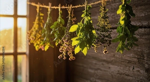 Obraz Herbs hanging to dry in a rustic shed, tied in bunches and bathed in warm sunlight, with green leaves and wooden walls creating a natural, homely atmosphere