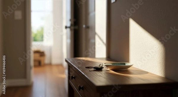 Obraz Key fob on hallway console beside ceramic bowl, natural light casting soft shadows across wooden surface for a calm, welcoming home entry scene