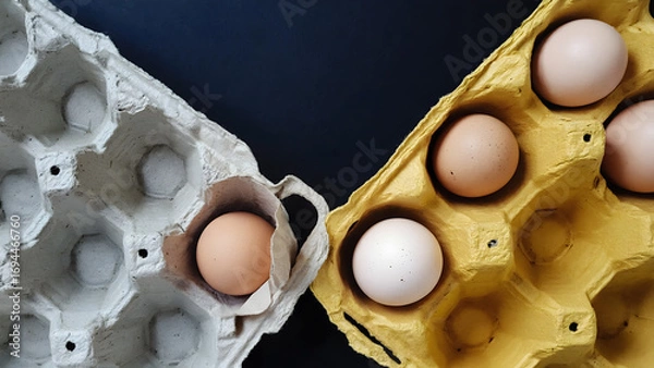 Fototapeta Close up of eggs in two different carton containers showing fresh ingredients and food items