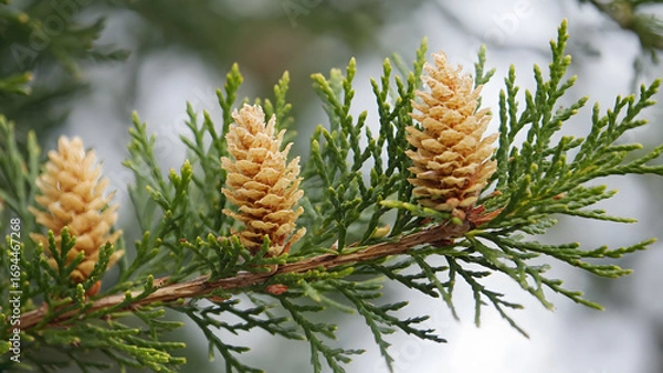 Fototapeta Close up showing evergreen tree branch with small cones growing during the spring season