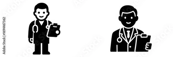 Fototapeta Doctor icon set with stethoscope and clipboard for medical and healthcare applications, black glyph symbol on a white background