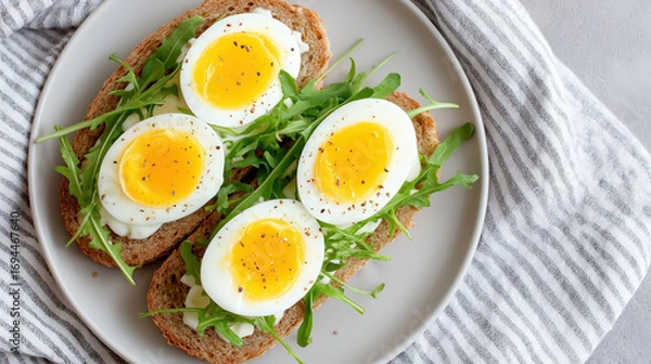 Fototapeta Soft boiled egg slices on whole grain bread with fresh arugula and black pepper served on white plate for healthy meal