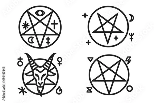 Fototapeta Mystical pentagram symbols collection with esoteric iconography, Baphomet goat head, and magical elements for spiritual and occult design
