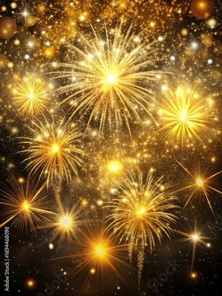 Fototapeta Sparkling gold fireworks exploding in a dark night sky with glitter and starlight effects