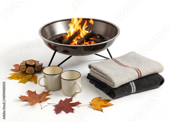 Fototapeta Cozy autumn scene featuring a fire pit with burning logs, mugs, towels, and fall leaves