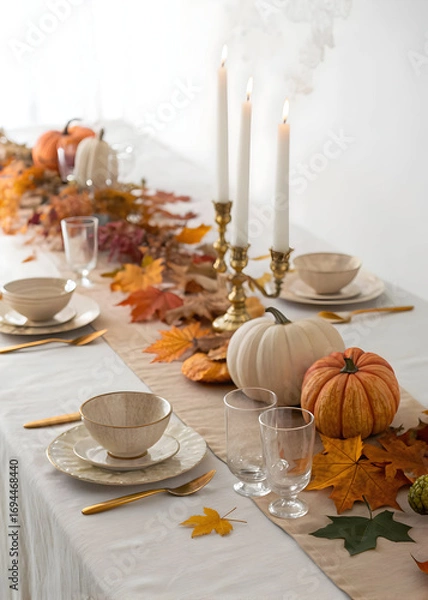 Fototapeta Festive table setting features pumpkins candles and autumn leaves for a fall celebration