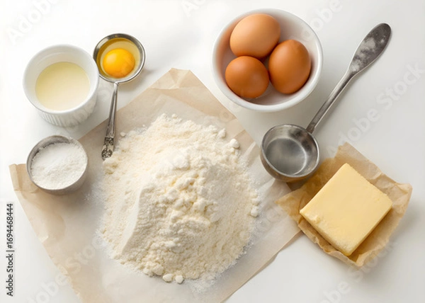 Fototapeta Overhead view showing baking ingredients arranged on a white surface for food preparation