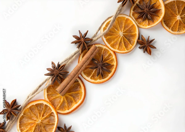 Fototapeta Dried orange slices and star anise with cinnamon sticks arranged on a white surface