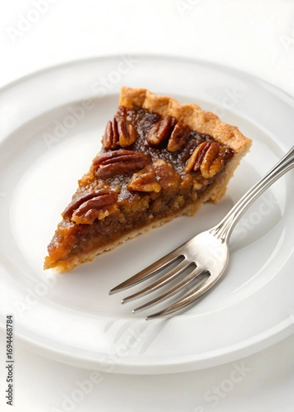 Fototapeta Delicious pecan pie slice served on white plate with fork ready for a sweet dessert treat