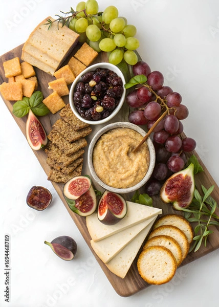 Fototapeta Delicious cheese board with various cheeses crackers grapes figs and dip for snacking time