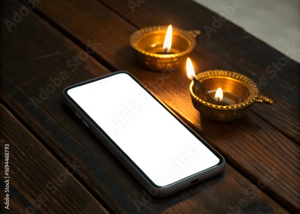 Fototapeta Illuminated metal oil lamps and a smartphone with a blank screen on a wooden surface