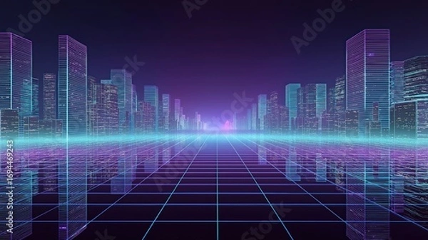 Fototapeta Futuristic Cityscape with Neon Grid Lines