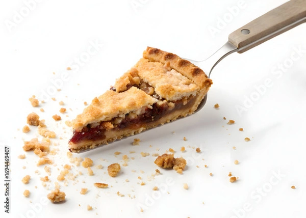 Fototapeta Delicious slice of fruit pie on a server with crumbs scattered on a white surface