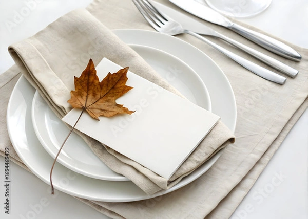 Fototapeta Elegant table setting with white plates, linen napkin, silverware, and autumn leaf decor