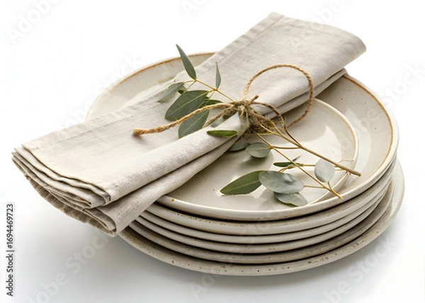 Fototapeta Stack of ceramic plates with beige napkin and eucalyptus branch for table setting decor