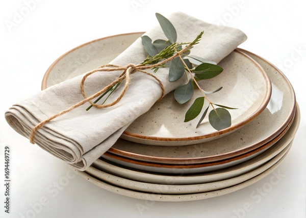 Fototapeta Stacked plates with napkin and greenery create an elegant table setting arrangement design