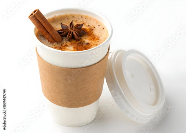 Fototapeta Aromatic spiced chai latte with cinnamon stick and star anise served in paper cup drink