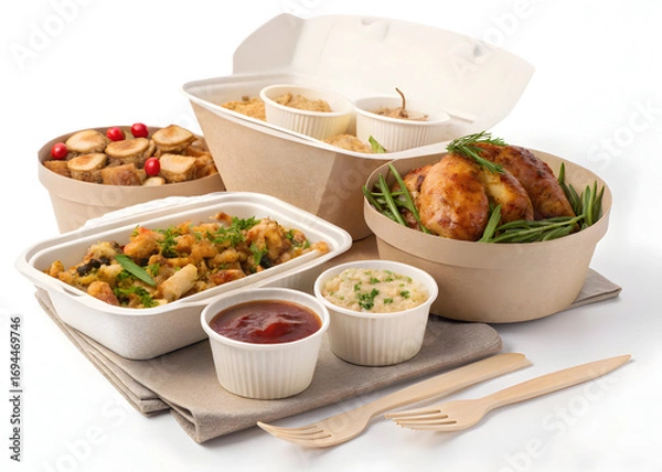 Fototapeta Delicious catered meal with chicken, potatoes, and sauce in disposable containers