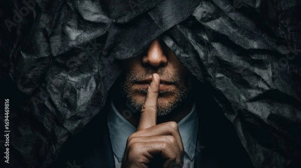 Fototapeta A man with a beard and mustache, wearing a suit, standing in front of a dark, crumpled, textured background, with a finger to his lips, possibly indicating silence or secrecy.