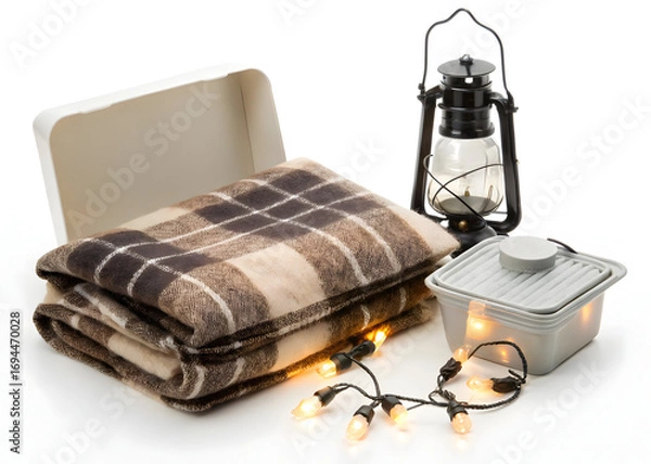 Fototapeta Cozy plaid blanket folded with lantern and string lights for camping or outdoor decor