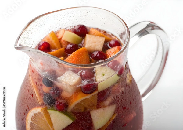 Fototapeta Refreshing fruit sangria in a glass pitcher with apples oranges and berries beverage drink