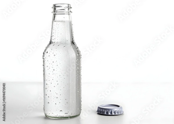 Fototapeta Chilled beverage bottle with condensation and a metal cap sits on a white surface
