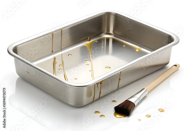 Fototapeta Shiny metal baking pan with drips of glaze and a pastry brush for baking preparation use