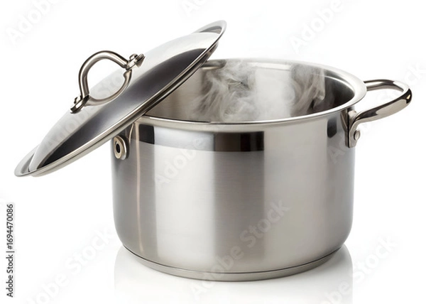 Fototapeta Shiny stainless steel stock pot with lid slightly open shows steam for cooking concepts
