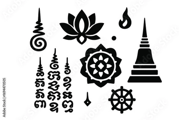 Fototapeta Set of Thai Sak Yant tattoo symbols with Buddhist icons like the lotus flower, stupa, and Dharmachakra wheel isolated on a white background