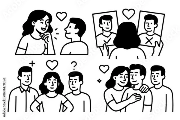 Fototapeta Monochrome line art icons depicting relationship concepts such as romantic conversation, partner selection, love triangle, and jealousy in a couple