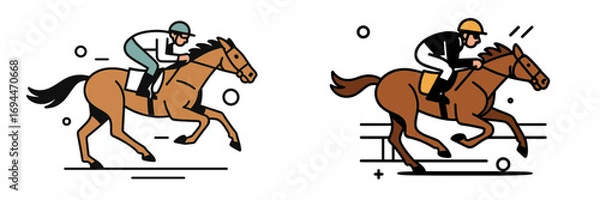 Fototapeta Two jockeys in an equestrian horse race competition, one galloping on a flat track and one jumping an obstacle