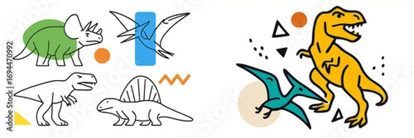 Fototapeta Set of cute cartoon dinosaurs in a modern minimalist line art style with abstract geometric shapes isolated on a white background