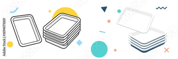 Fototapeta Set of disposable food trays in line art and isometric styles with abstract geometric shapes on a white background
