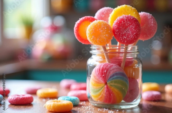 Fototapeta Colorful lollipops in a transparent glass jar. Bright background for birthday party. Copy space and space for text.