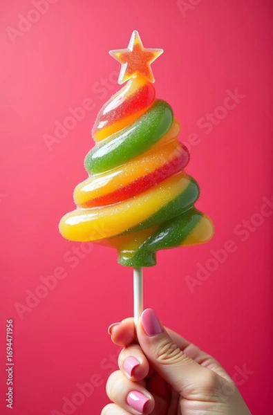 Fototapeta Christmas lollipop in woman hand in shape of Christmas tree. Vertical red background. Swirly sugar art.