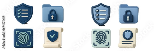 Fototapeta 3D security icon set with shield, padlock, fingerprint, and policy symbols for data protection and privacy concepts