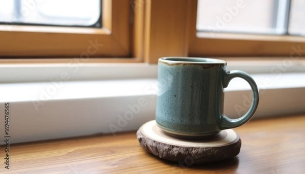 Fototapeta Serene Coffee Mug on Wooden Coaster Near Window