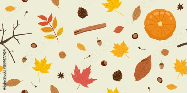 Fototapeta Autumn theme cozy seamless pattern. Fashion textile design with autumn theme hand-drawn leaves, pumpkin, chestnuts and other objects.