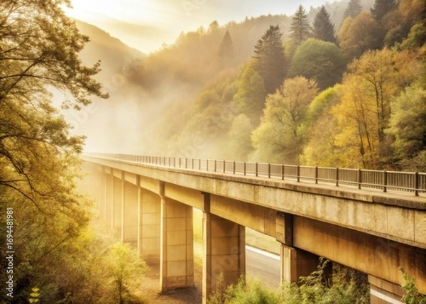 Fototapeta Old concrete bridge with dense misty forest background