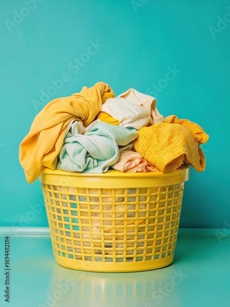 Fototapeta Laundry basket overflowing with clean clothes isolated on a black background