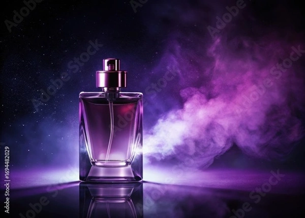 Fototapeta Elegant perfume bottle on dark purple background with a gentle mist