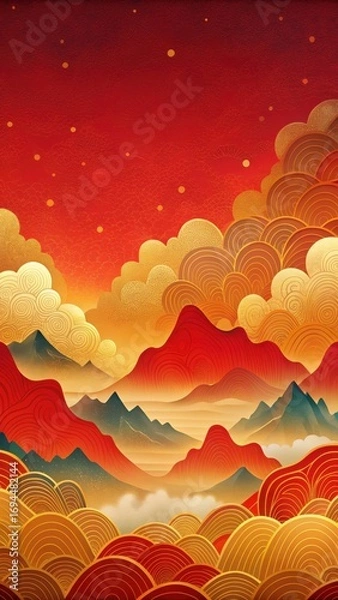 Fototapeta Serene Oriental Waves with Golden Clouds and Red Mountains