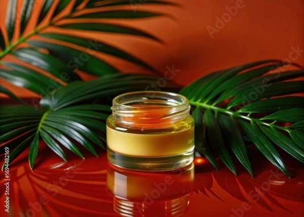 Fototapeta Oil-filled glass container with pale yellow emu oil and a subtle sheen on its surface