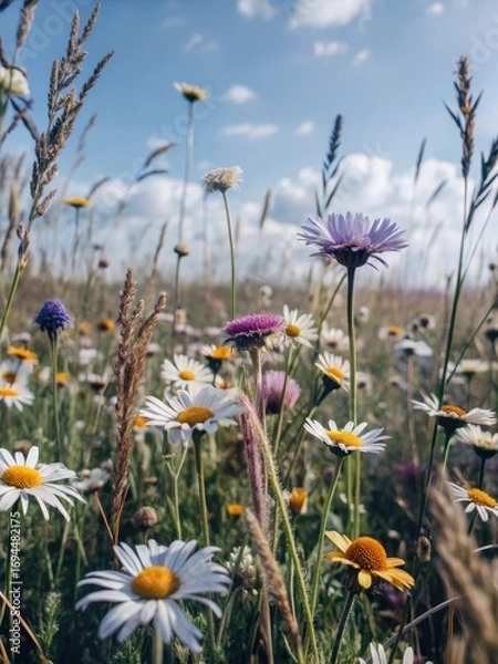Fototapeta Sunny day in a meadow with colorful wildflowers and lush greenery amidst tall grasses