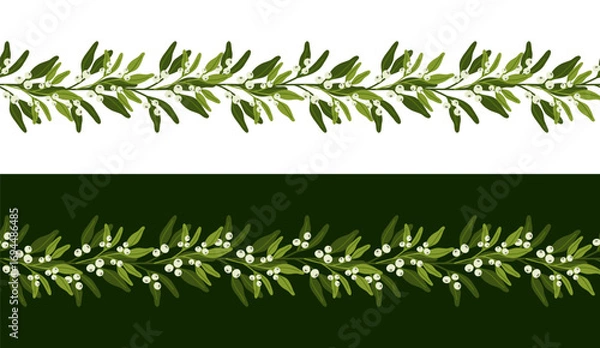 Fototapeta Christmas border with mistletoe branches and berries. Seamless pattern with winter floral. Elegant vector holiday decor